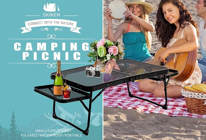 Small Low Camping Table with 2 Wing Panels Folding Low Picnic &amp Outdoor Table with 2 Shelves Lightweight &amp Easy Carry for Beach Fishing Sturdy Steel Mesh Top (3 FT Black)