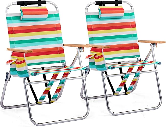 Bonnlo Lightweught 17 Backpack Beach Chair Tall Beach Chairs for Adults Portable with Adjustable Straps 3-Position Reclining Cup Holder High Beach Chairs for Beach