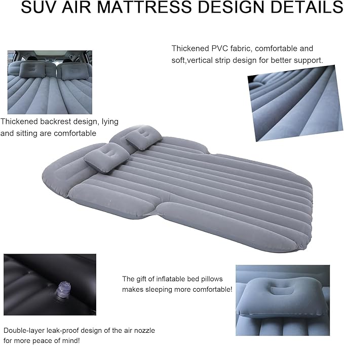 Inflatable SUV Air MattressThickened Flocking Car Travel Camping Bed with 2 Pillows &amp Air PumpPortable Car Sleeping Mattress for SUV Trunk and Rear