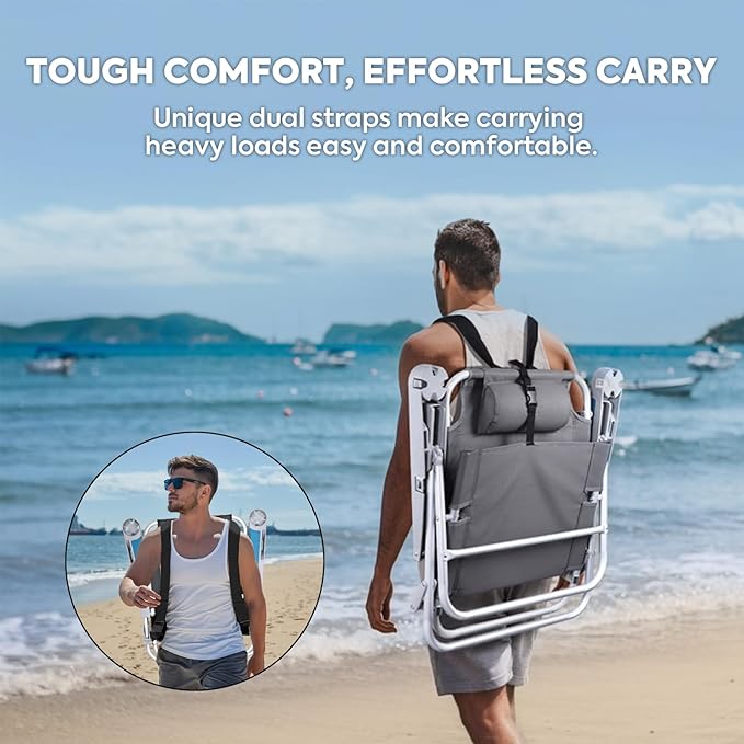 ICECO Backpacking Beach Chairs for Adults 5 Positions Reclining Chair Heavy Duty Folding Chairs Portable Lay Flat Outdoor Chair with Cup Holder for Beach Camping Lawn 350lb Capacity