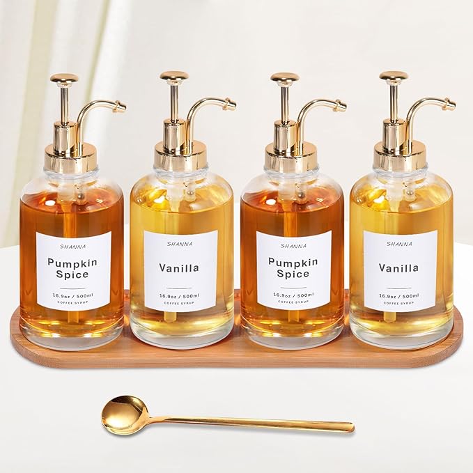 Coffee Syrup Dispenser for Coffee Bar 16.9oz 500ml Glass Syrup Dispenser w Golden Coffee Scoop Coffee Syrup Pump Dispenser w 36 Labels and Bamboo Tray Coffee Syrup Bottles with Golden Pump 4PCS