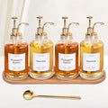 Coffee Syrup Dispenser for Coffee Bar 16.9oz 500ml Glass Syrup Dispenser w Golden Coffee Scoop Coffee Syrup Pump Dispenser w 36 Labels and Bamboo Tray Coffee Syrup Bottles with Golden Pump 4PCS