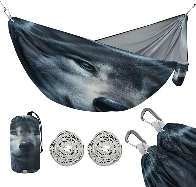 ALAZA Wolf Head Animal Camping Hammocks Single or 2 Person 500 lbs Portable Parachute Travel Hammock w/Tree Straps for Hiking Backpacking Indoor Outdoor