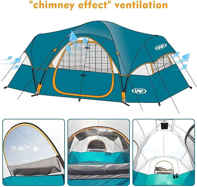 UNP Camping Tent 10-Person-Family Tents Parties Music Festival Tent Big Easy Up 5 Large Mesh Windows Double Layer 2 Room Waterproof Weather Resistant 18ft x 9ft x78in
