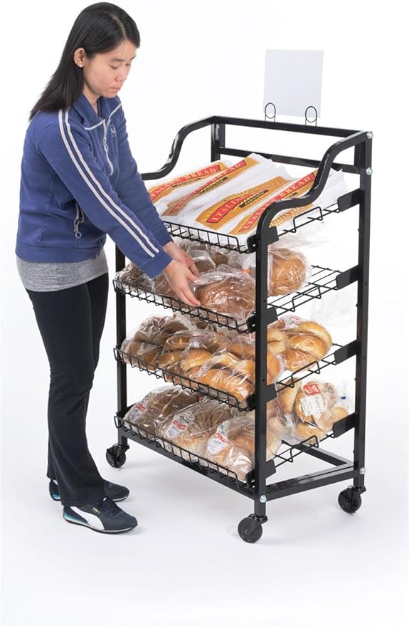 Displays2go Wheeled Metal Rack with Four Tilting Wire Shelves Black (BAKCRT4NBK)
