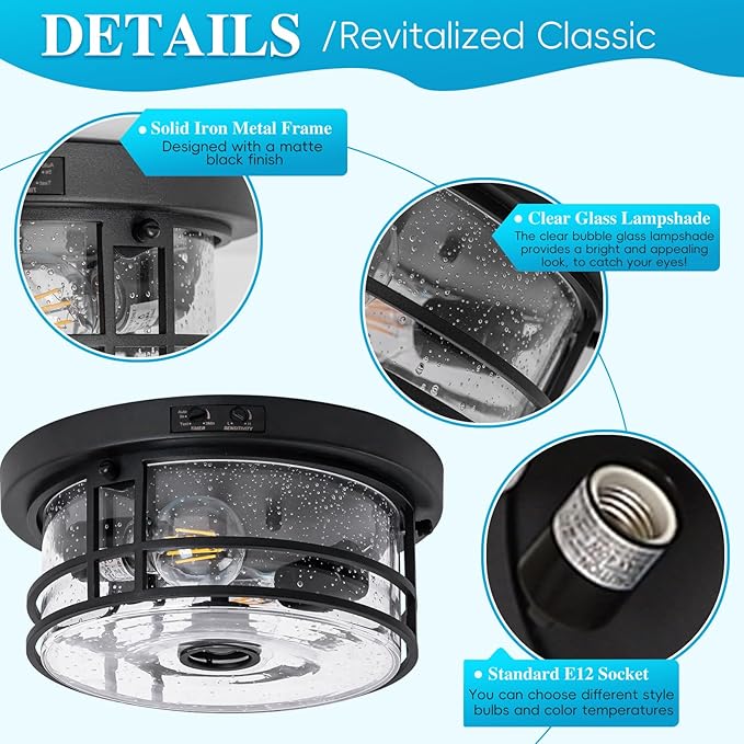 Outdoor Ceiling Light with Motion Sensor Flush Mount Round Porch Light Industrial 2-Light Dusk to Dawn Ceiling Light Fixture with Clear Glass for Entryway Garage Front and Back Yards Black