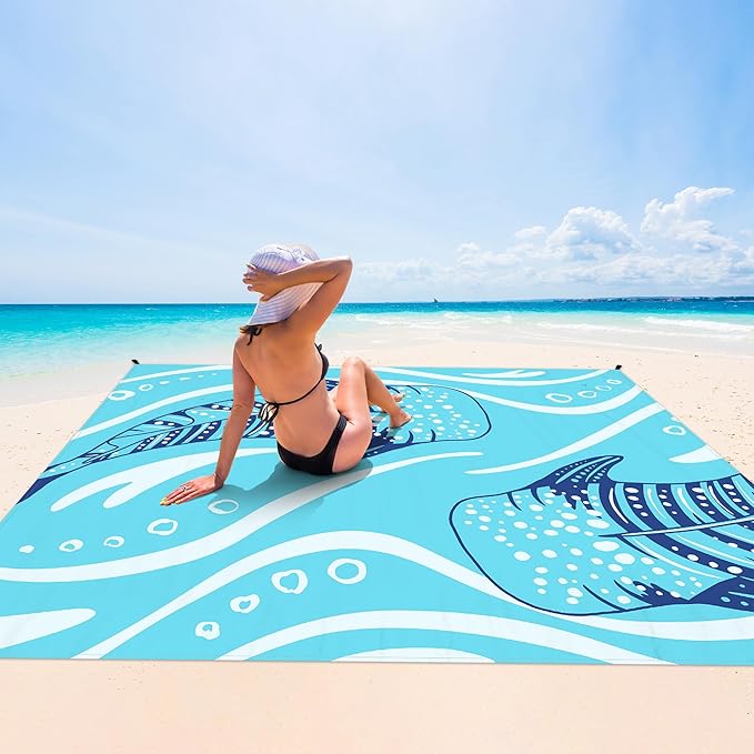 Shedoo Beach Blanket Waterproof Sandproof 9 Ft X 10 Ft Extra Large Sand Free Beach Mat Big Compact Lightweight Quick Drying Picnic Blanket with 4 Stakes &amp Pockets for Camping Travel Hiking