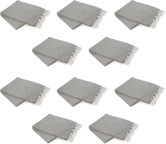 Cozumel Authentic Mexican Blankets (10-Pack) - 72x48 Woven in Mexico - Solid Throw Blanket for Yoga Studio Outdoor Picnic/Camping/Beach Saddle Blanket Bed/Home Decor (Gray)