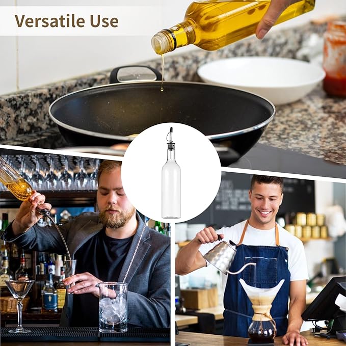 Lnrueg 12 Pcs 25 oz Plastic Liquor Bottles with Aluminum Lids and Stainless Steel Pourer - Clear Plastic Wine Bottle PET Long Neck Refillable Bar Bottles for Home Bar Beverages