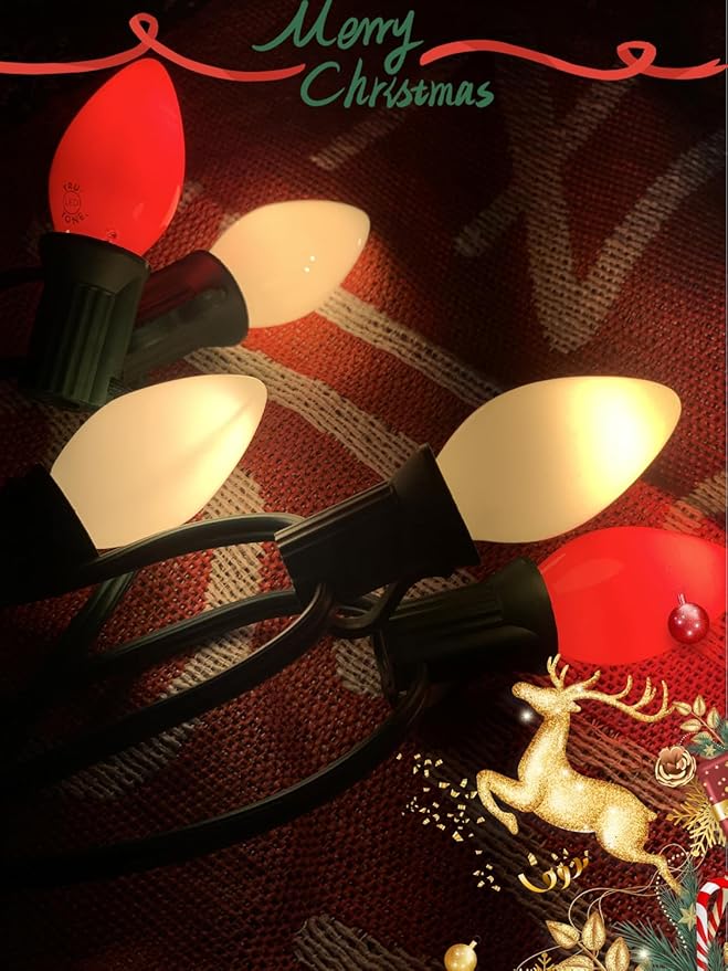 SUNSGNE C7 LED Vintage Christmas Lights 25ft Outdoor Christmas String Lights with 27 Red and White LED Bulbs(2 Spare) for Patio Balcony Garden Roofline Decorations E12 Base Socket