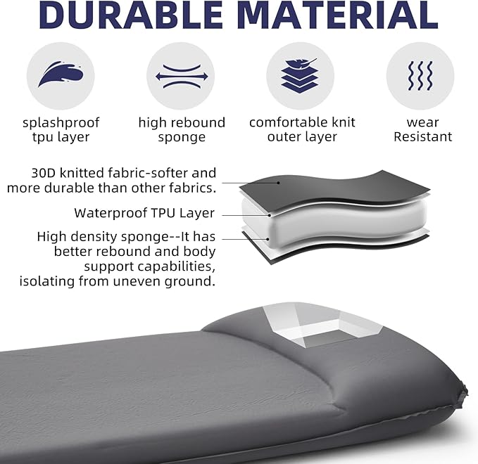 INVOKER Camping Sleeping Pad 3.15” Memory Foam Fast Self Inflating Insulated Durable Camping Mat Air Mattress with Pillowfor Tent Traveling Car Camping Grey