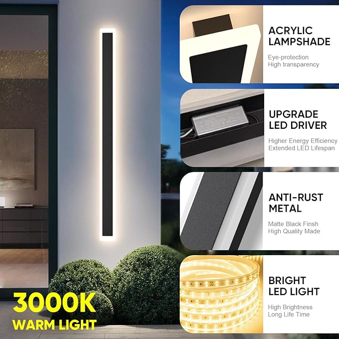 2-Pack Outdoor Wall Lights 47.2inch Long Wall Sconce Modern Porch Light Black Exterior Sconce Light Fixture IP65 Waterproof Outside Lights for Patio House Garage Porch (3000k)