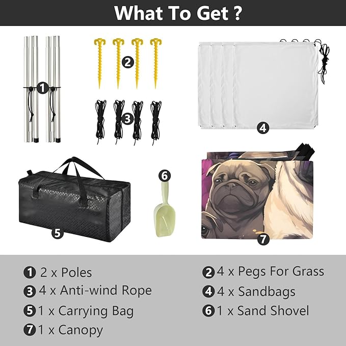 Cute Pug DogCamping Sun Shelters 9.2 x 10.5 FT Beach Canopy Tent Sun Shade with Carrying Bag for Camping Trips Fishing Backyard Fun or Picnics 21340341