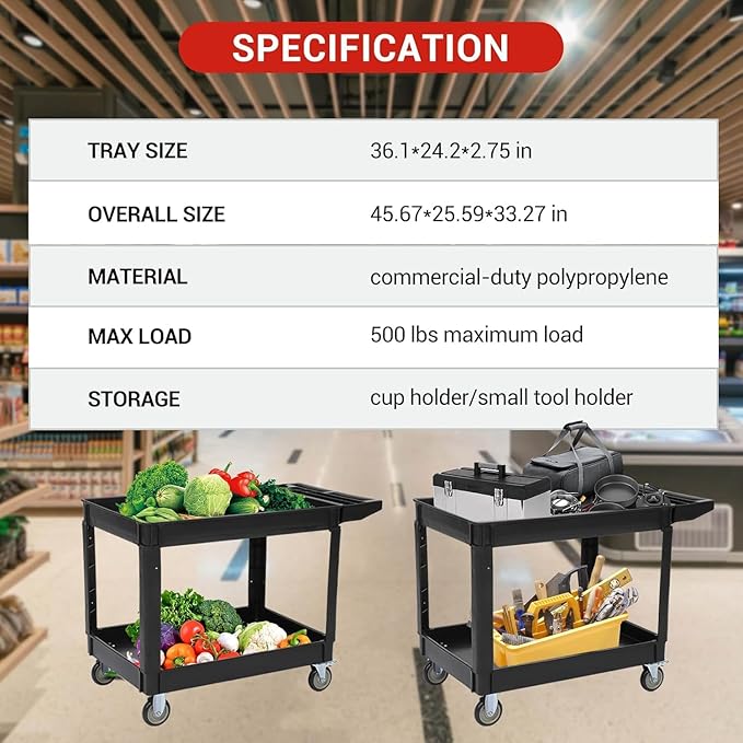 Utility Service Cart with Wheels and Two Trays Service Cart 2-Shelf 500lbs Rolling Utility Cart for Warehouse/Garage/Cleaning/Manufacturing 2 Tier Heavy Duty Uline Tool Cart 45X25 Gray