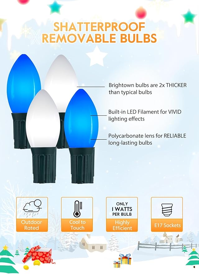 Vintage C9 LED Christmas Lights Outdoor 150 Feet C9 String Light with 75 Shatterproof C9 Bulbs Waterproof Connectable Christmas Tree Lights for Outside Roofline Patio Xmas Decor Blue &amp Pure Whi