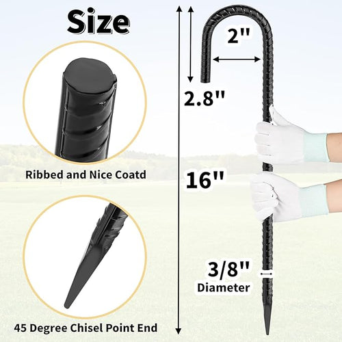 16 Inches 24-Pack J Hook Rebar Stakes Heavy Duty Tent Stakes with Chisel Point End Steel Ground Anchors Metal Garden Stakes Chain Link Fence Stakes Black Coated
