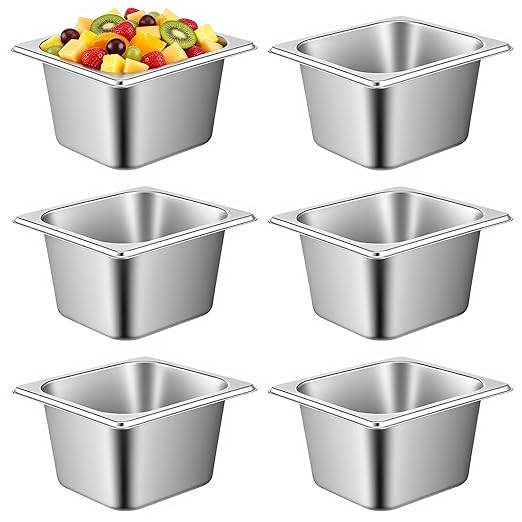 6 Pack Hotel Pans 1/6 Size 4 Deep Steam Table Pan Stainless Steel Hotel Pans for Buffet Restaurants Catering