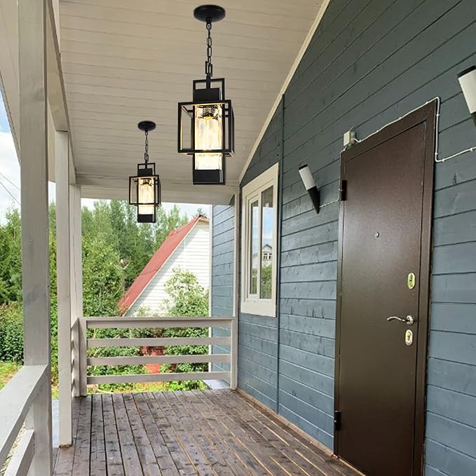 15 Outdoor Indoor Pendant Light Exterior Hanging Lantern Modern Black Metal Outside Chandelier Light Fixture Ceiling Mount with Water Glass for Front Porch Entrance Foyer Entryway (Bulb Included)