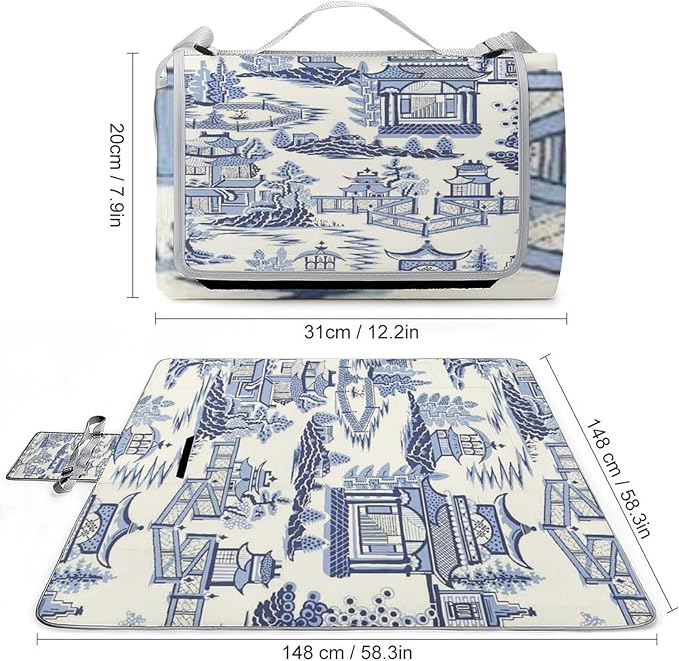 Blue and White Chinese Style Chinoiserie Folk Waterproof Outdoor Picnic Blanket Sandproof Beach Mat for Camping Hiking Grass Travelling