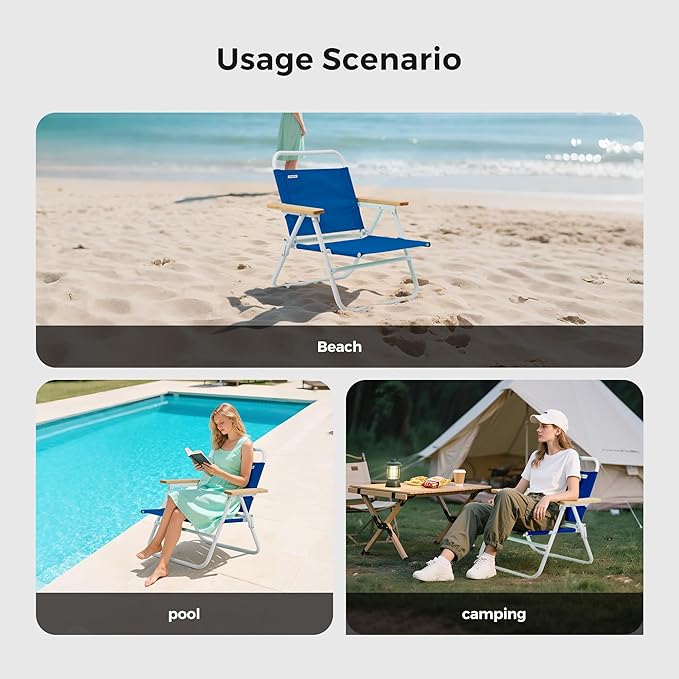 SUNNYFEEL Foldable Beach Chair Beach Chair Backup with Wood Armrest &amp Cushion Lightweight Camping Chair Heavy Duty for Beach Camping Lawn Outdoor Blue