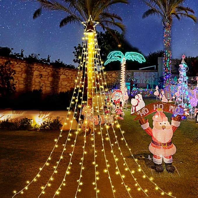 Christmas Decoration Lights Outdoor Christmas String Light 320 LED 11.5 Ft Waterfall Tree Lights with Big Star Topper 8 Light Modes for Xmas New Year Holiday Garden Yard Indoor Outdoor Decor