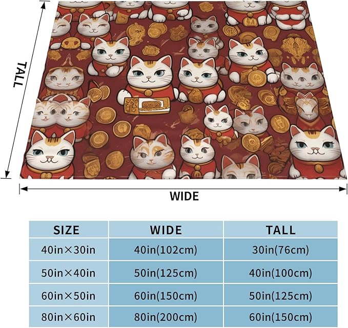 Lucky cat 80x60 Printed Soft Fleece Blanket for Sofa Bed and Camping - Cozy Blanket for Travel Picnics Nighttime Use