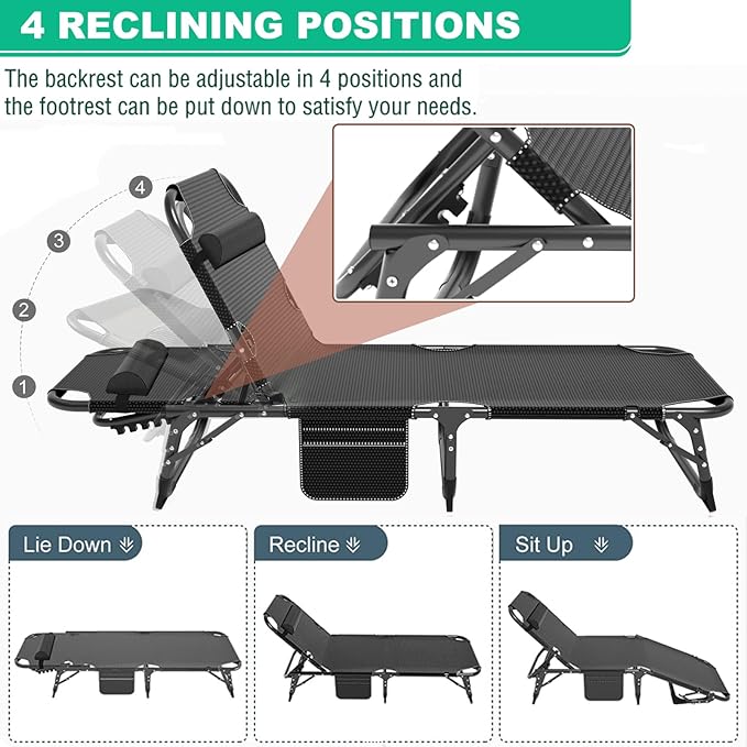 Portable Folding Camping Cot Adjustable 4-Position Adults Reclining Chaise with Pillow Outdoor Lounge Chair Sleeping Cots Bed Perfect for Camping Pool Beach Patio