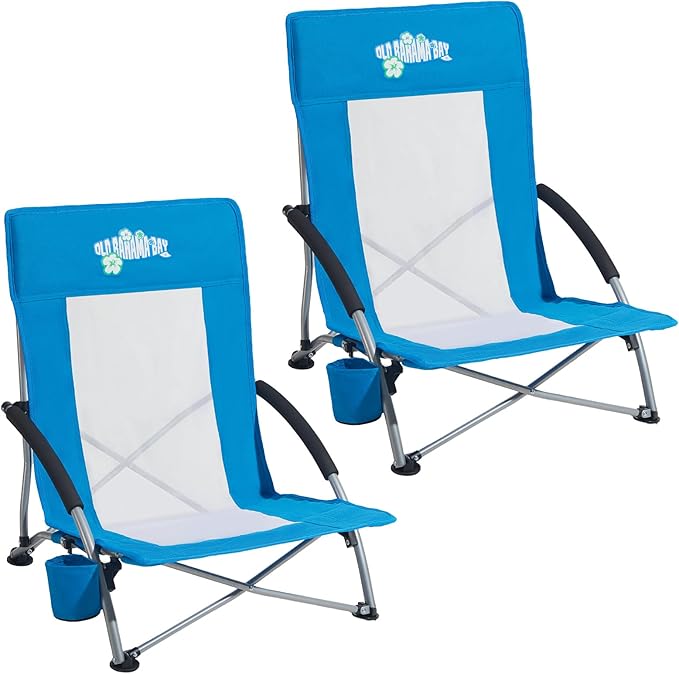 Old Bahama Bay Folding Beach Chair 2 Pack Beach Chairs for Adults Low Beach Camping Chair with Cup Holder Mesh Back for Outdoor Fishing Sand Lawn Supports up to 350lbs