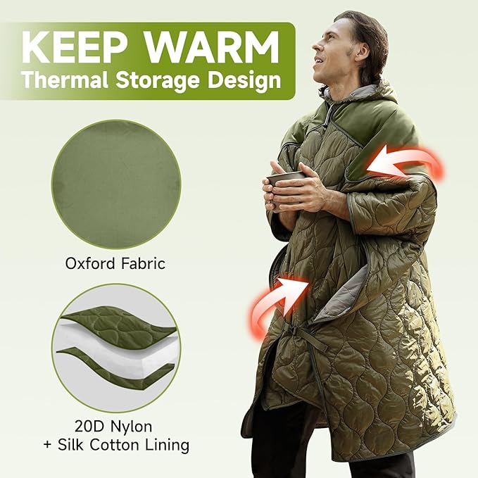 Sleeping Bag for Adult Wearable Blanket Insulated Poncho Hooded Sleepingbag Quilt for Winter Camping Hiking Sports