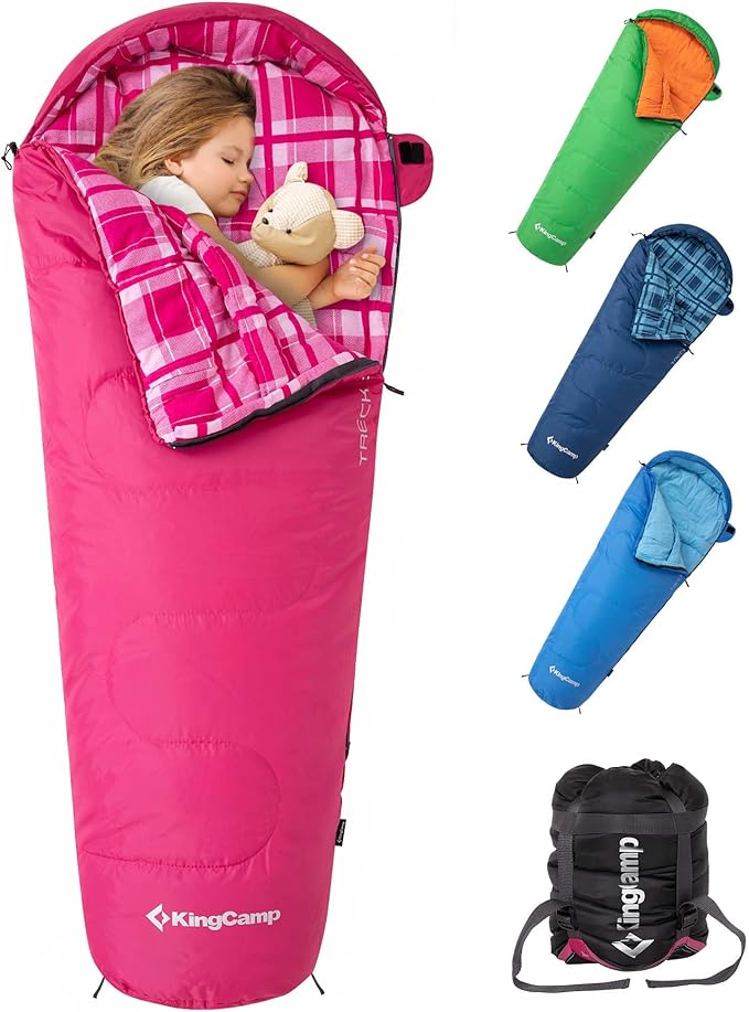 KingCamp 45°F Kids Sleeping Bag Lightweight Waterproof &amp Compact Flannel Sleeping Bags Cold Weather &amp Warm Youth Essentials Gear Accessories for Camping Fits 10-12 Children up to 4'7-5'5 T