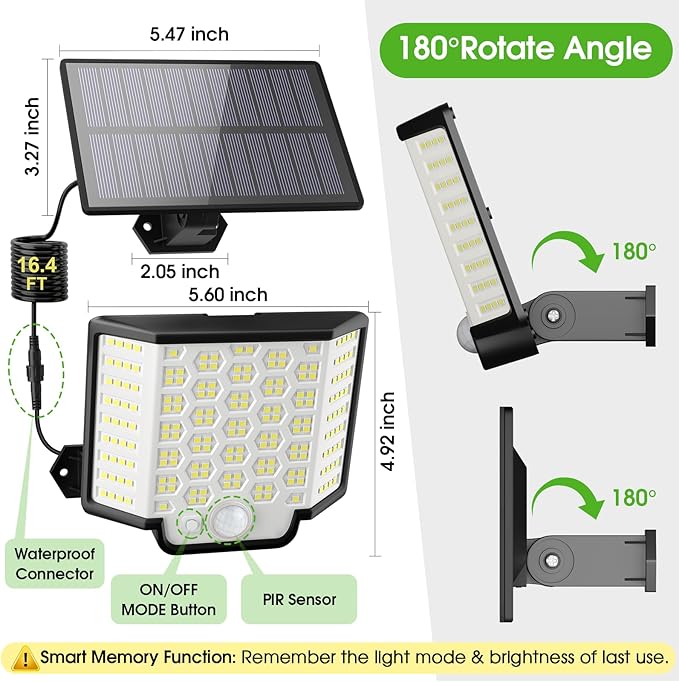 Solar Lights Outdoor Waterproof 186 Bright LEDs Dusk to Dawn Motion Security Flood Lights with Remote for Outside GarageYardPatio 4 Pack