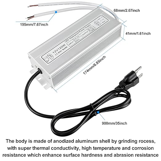 inShareplus LED Power Supply 120W IP67 Waterproof Outdoor DriverAC 80-265V to DC 12V 10A Low Voltage Transformer Adapter with 3-Prong Plug for LED Light Computer Project Outdoor Use
