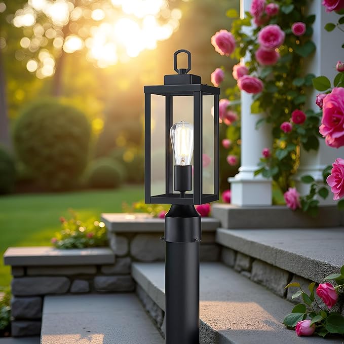 GRUENLICH Outdoor Post Lighting Fixture Pole Lantern E26 Medium Base Max 60W Metal Housing Plus Glass Matte Black Finish Bulb Not Included 1 Pack