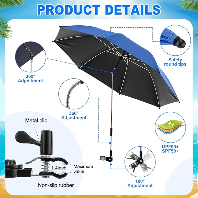 2 Set Reclining Camping Chair with Umbrella Clamp Adjustable Beach Chair with Foot Rest SPF 50+ Folding Shade Camping Lounger Recliner for Adult Outdoor(BlackBlueOxford)