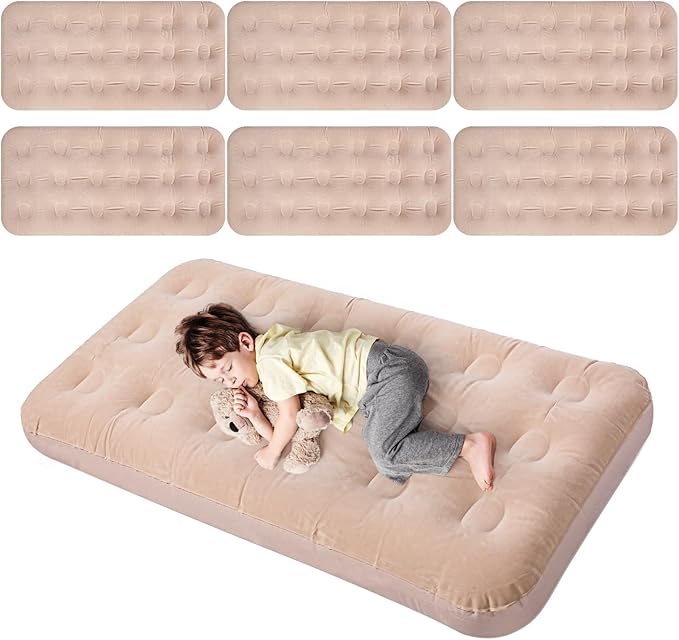 Geetery Kids Air Mattress Toddler Inflatable Airbed 55x27.6x8.7 Inch Foldable Comfort Flocked Blow up Bed with Patch Kit Portable Sleepover Mattresses for Home Travel Camping Party(Beige 6 Pcs)