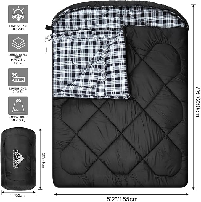 AGEMORE 0 Degree Double Sleeping Bag for Adults Cotton Flannel Lined 2 Person Queen Size Warm Sleeping Bag for Family Winter Camping or RV Traveling
