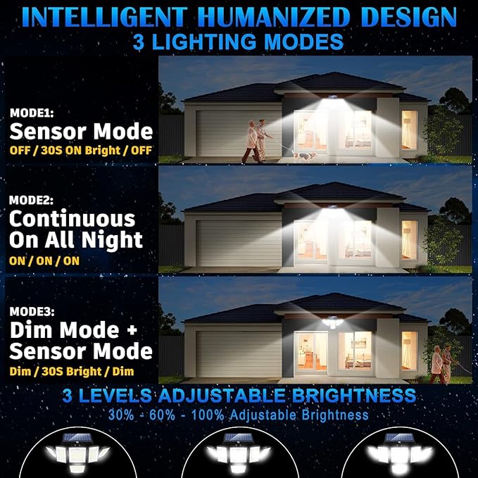 Solar Motion Sensor Flood Lights Outdoor - 496LEDs 3500LM 3 Lighting Modes 3 Levels Brightness 6 Heads 360° Illumination IP65 Solar Security Lightsfor Porch Yard Patio Garage (2Pack)