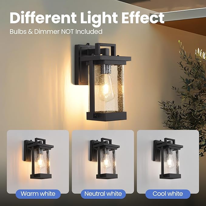 Outdoor Wall Lights Black Exterior Lighting Fixtures Waterproof Outdoor Wall Sconce with Seeded Glass Modern Dusk to Dawn Outdoor Light Fixtures Wall Mount for Porch Garage Patio 2-Pack