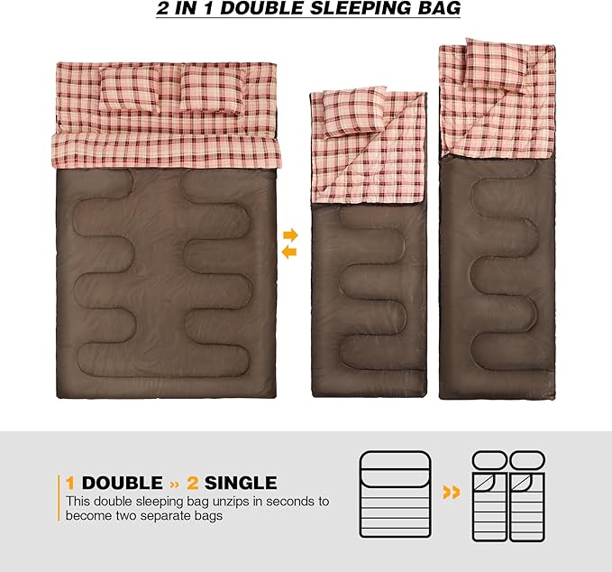 REDCAMP Cotton Double Sleeping Bag for Adults 2 Person Cold Weather Queen Size Flannel Sleeping Bags for Camping Black/Navy Blue