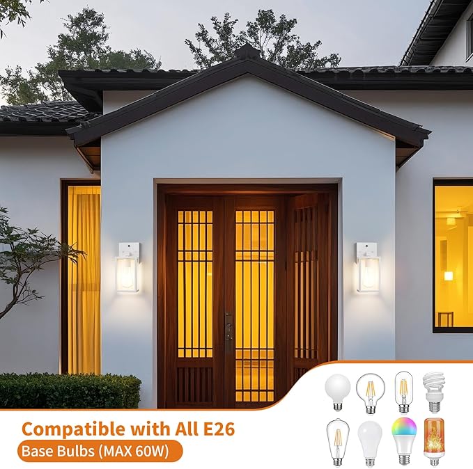 2 Pack White Dusk to Dawn Front Porch Lighting Fixtures Wall Mount Sensor Outside Exterior Lights for House Outdoor Lantern Lamp Waterproof Wall Sconce Lights Coach Light for Garage Entryway