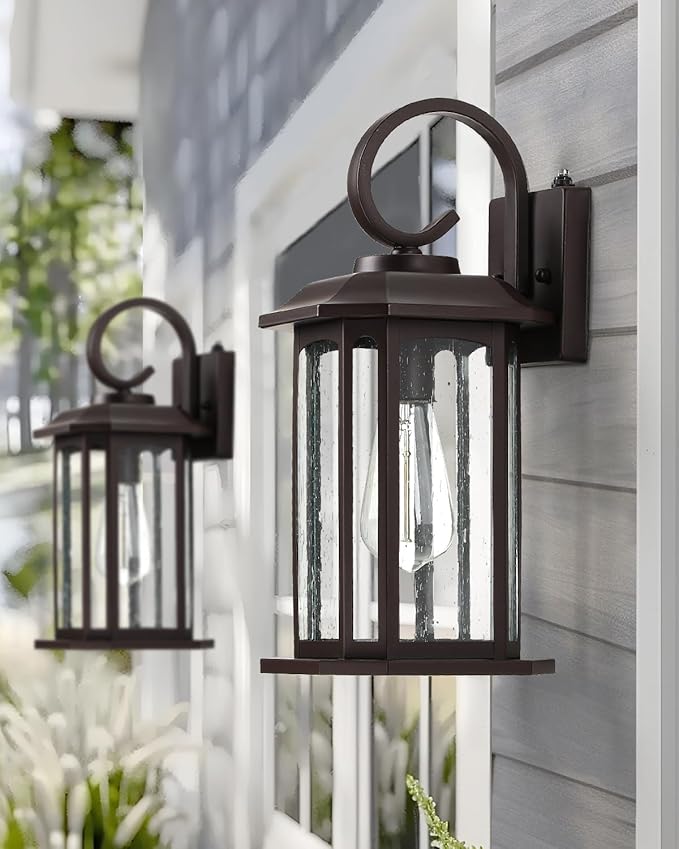 16.8'' Large Dusk to Dawn Outdoor Wall Lights Brown Exterior Lighting Fixtures Wall Sconce with Seeded Glass Waterproof Front Porch Light Outside Lantern for House Patio Garage 1Pack