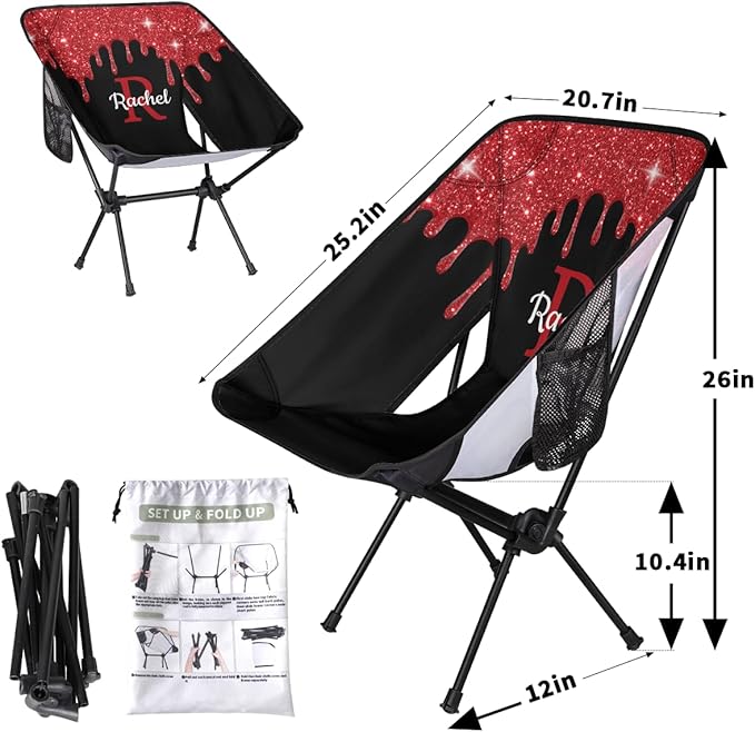 Custom Camping Chair with Name Personalized Portable Backpacking Chair Customized Lightweight Compact Folding Hiking Camp Chairs (Red)