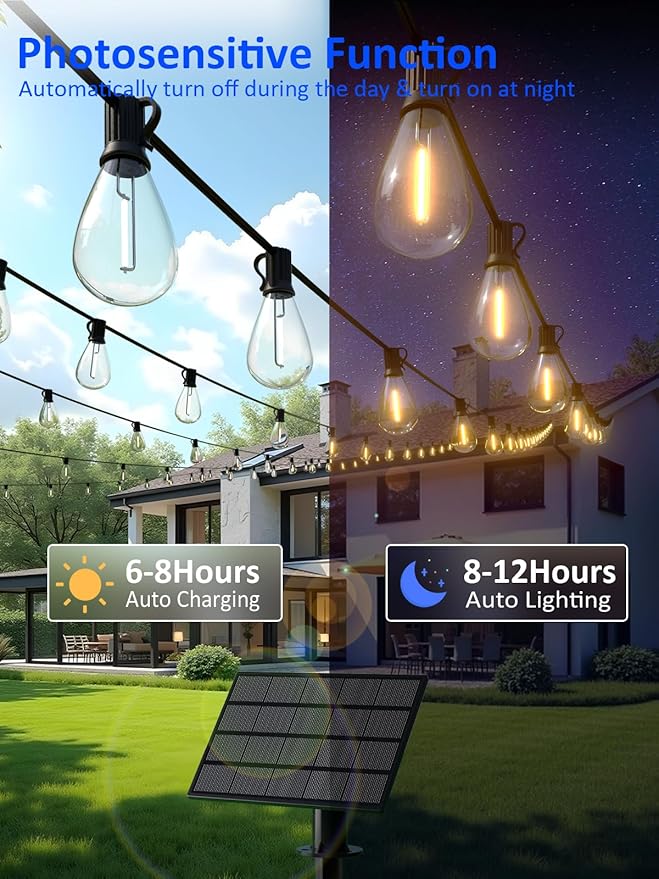 luckystyle 29FT Solar String Lights Outdoor Waterproof with 10+1 LED Bulbs Long Last for 20+Hrs Commercial Grade Shatterproof USB Patio Solar Powered Lights for CampingBackyard Garden Porch Decor