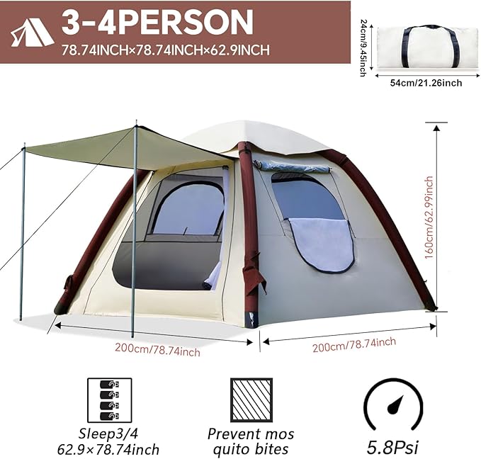 Automatic Inflatable Tent with Air Pump Family Tents for Camping Windproof Waterproof 3 Person Tent Easy Set Up in 2-3 Min Camping Essentials for Backyard Outdoor