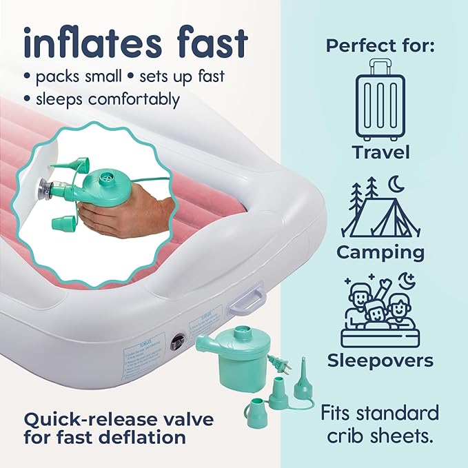 Hiccapop Inflatable Toddler Travel Bed with Safety Bumpers [4-Sided] Portable Toddler Bed for Kids Toddler Air Mattress Kids Air Mattress - Pink
