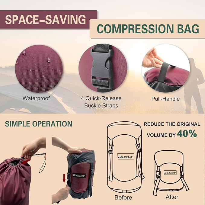 GoldCamp compression stuff sack for Ultralight sleeping bag space saving gear with dust flap18L/30L/43L/49L/65L Compression Stuff Sack Waterproof Camping Travel Outdoor Backpacking (Red XXXL)