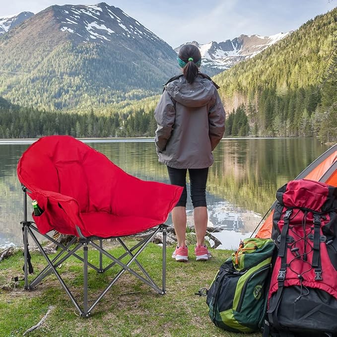 HIGH POINT SPORTS Padded Oversized Folding Camping Chair Portable Moon Saucer Chair Round Outdoor Chair with Cup Holder and Carry Bag for Adults Hiking Camping Fishing Red