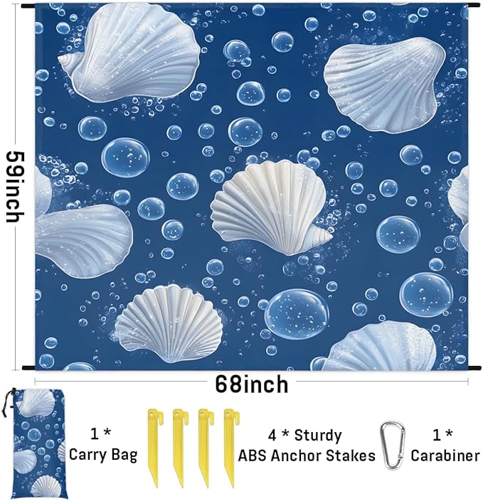Waterproof Sandproof Beach Blanket 59''×68'' Sea Scallop Polyester Outdoor Picnic Blanket with 4 Stakes &amp Storage Bag for BeachCampingVacation Blue