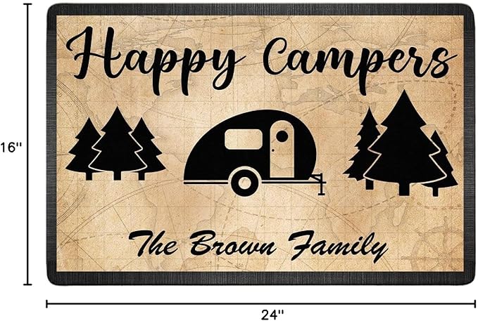 Personalized Happy Campers Doormat - Custom Family Name and Rv Camping Door Mat Accessories for Inside Outside Campsite Decor Travel Trailers Decorative Gift Welcome Motorhome Rugs 16 x 24 inches