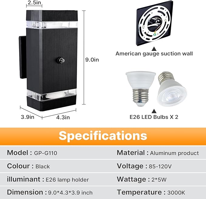 Outdoor Wall Lights 1 Pack Integrated LED Up Down Lights Modern Black Outdoor Wall Light with Dusk to Dawn Sensor Aluminum Exterior Wall Light for Porch Patio Door